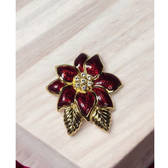 Vintage Monet Christmas Poinsettia and Rhinestone Brooch - Picture 2 of 5